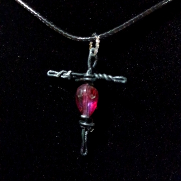 Handmade, wire, glass bead,  cross, purple, beaded pendant, necklace, charm - Picture 4 of 5